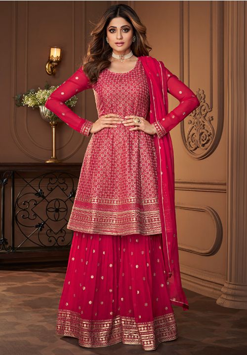 Bollywood Pink Shamita Shetty Wedding Sharara Suit SFSA323301 - Siya Fashions