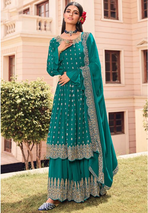 Green Indian Pakistani Georgette Party Palazzo Sarara Kameez SFDSIF8702 - Siya Fashions