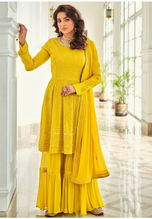 Buy Designer Yellow Haldi Sangeet Georgette Palazzo Suit YDYS77502 - Siya Fashions