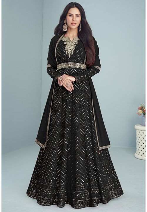 Black Bridesmaid Embroidered Anarkali Suit In Georgette SFZEDC3204