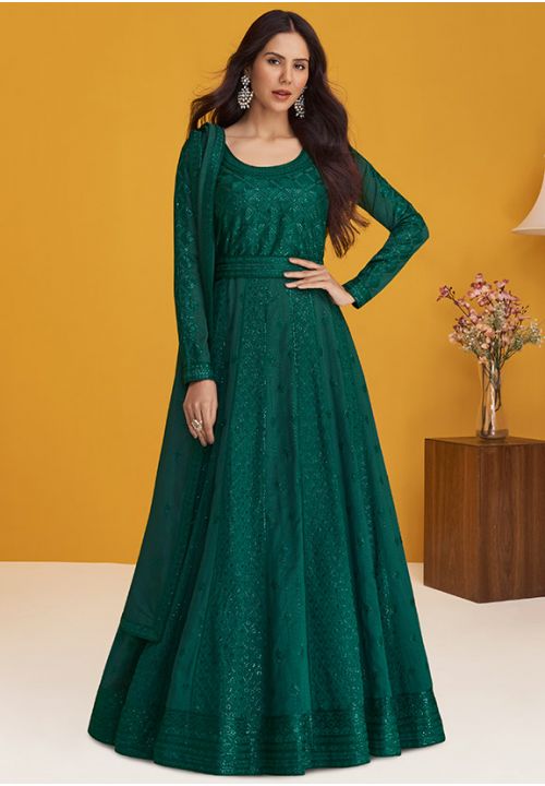 Green Silk Party Long Anarkali Suit In Silk SFSA349904 - Siya Fashions