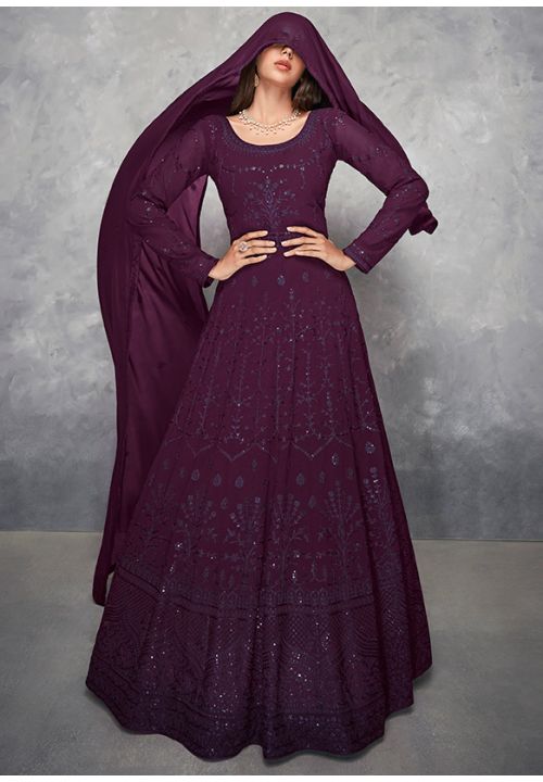 Wine Bollywood Sonam Bajwa Long Anarkali Sangeet Gown SFYS74303 - Siya Fashions