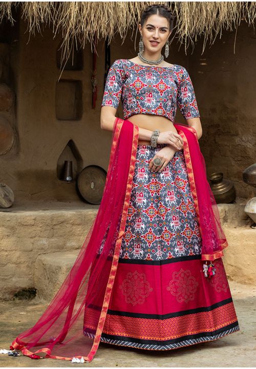 Navaratri Red Grey Lehenga Choli In Art Silk SKHU9005 - Siya Fashions