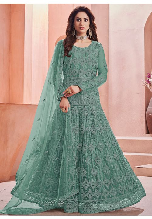 Green Party Anarkali Gown In Net With Diamond Work SFYS77808 - Siya Fashions