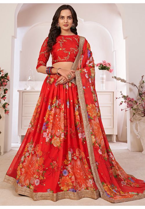Hot Red Bridal Floral Lehenga Choli In Georgette SFSA308101 - Siya Fashions