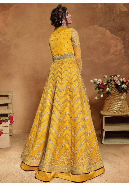 Yellow Bridal Haldi Ceremony Net Long Lehenga Gown SRSWG6504 - Siya Fashions