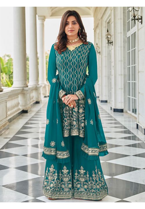 Turquoise Sangeet Palazzo Suit In Georgette SFYS87203 - Siya Fashions