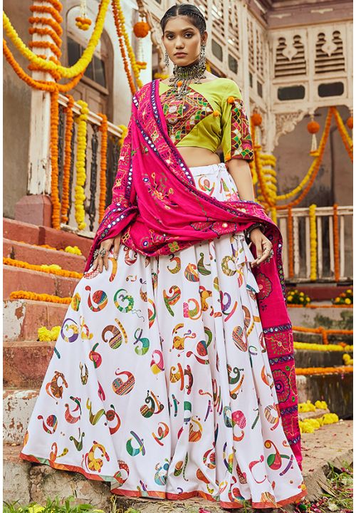 Green White Navaratri Chaniya Choli In Muslin Cotton SFKHU13502 - Siya Fashions