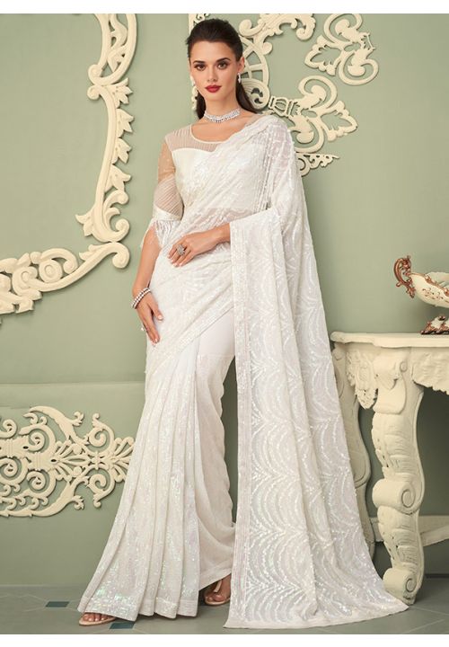 White Modest Indian Wedding Reception Saree SFSA354008 - Siya Fashions