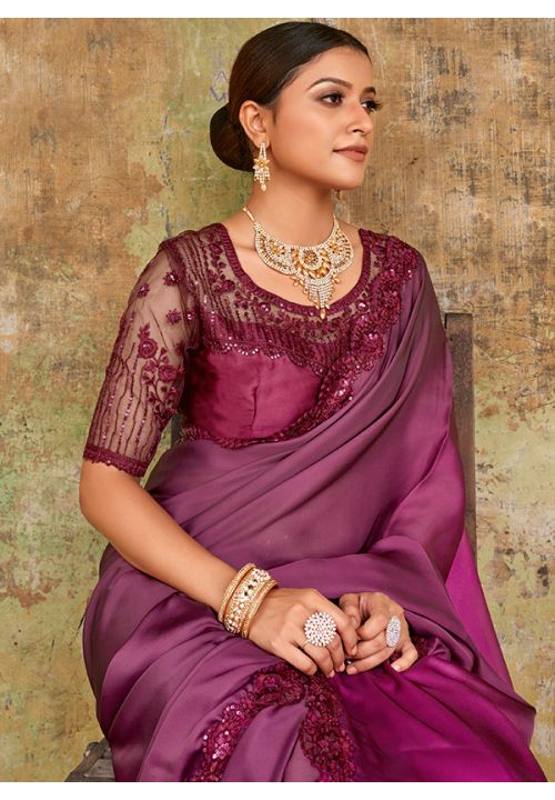 Purple Shaded Satin Silk Designer Cocktail Party Indian Saree SFBLK23005 - Siya Fashions