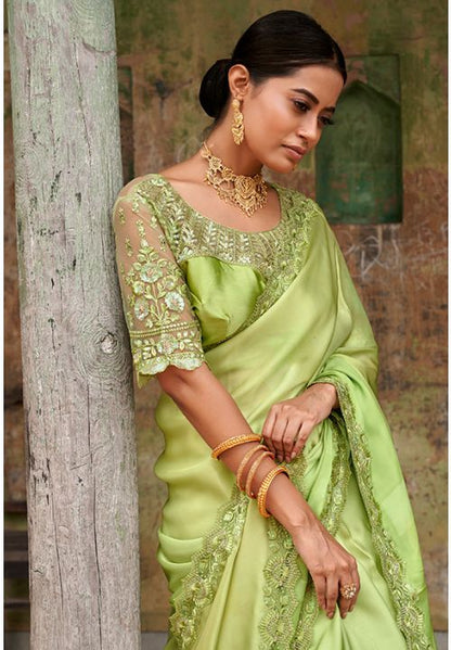 Green Shaded Satin Silk Designer Cocktail Party Indian Saree SFBLK23006 - Siya Fashions